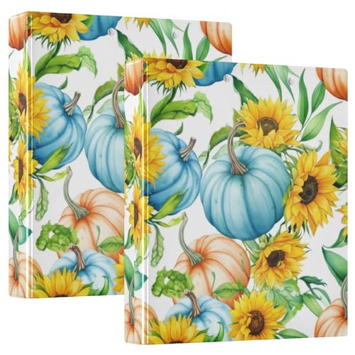 Aquarell-Kürbis-Sonnenblumen-Ordner mit 3 Ringen, 3,8 cm, für 200 Blatt, niedliche Portfolio-Mappen, runder Ring, Spielrechnbuch, 31,5 x 27 x 6 cm, 2 Stück von Joitme
