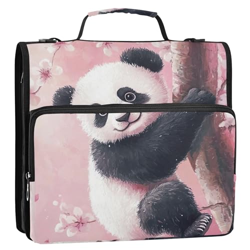 Basic 3 Ringbinder, D-Ring, niedlicher Panda, Pfirsichblumen, Reißverschluss, Organizer, mehrere Taschen, große Portfolio-Mappe, Ordnertasche mit Gurt für die Schule von Joitme