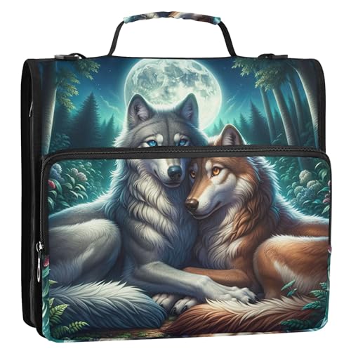 Benutzerdefinierter Organizer mit Reißverschluss, 3 Ringbücher, 3,8 cm, D-Ring, Wolf Mate Blumenmuster, Aufbewahrungsmappe mit Griff, Schulmappe mit Schultergurt von Joitme