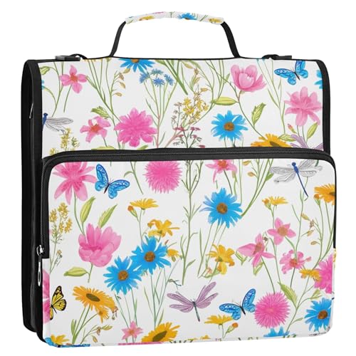 Bunte Ringordner mit 3 Ringen, Wildblumen, 3,8 cm, mit Reißverschluss, Organizer mit Gurt, für Schule, mehrere Taschen, großer Ordner von Joitme