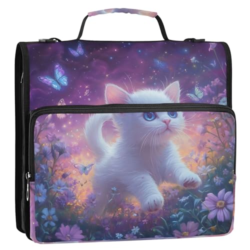 Bunter 3 Ringordner, D-Ring, süße Katze, violette Blume, Reißverschluss, mehrere Taschen, große Portfolio-Mappe, Schulmappe mit Schultergurt, 3,8 cm Bunter 3 Ringordner, D-Ring, süße Katze, violette Blume, Reißverschluss, mehrere Taschen, große Portfolio-Mappe, Schulmappe mit Schultergurt, 3,8 cm von Joitme