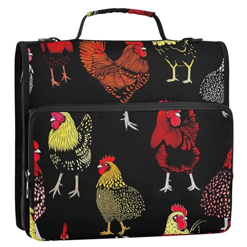 Bunter Ordner-Organizer mit Reißverschluss, 3 Ringbücher, 3,8 cm, D-Ring, verschiedene Hühner, schwarzes Portfolio und Etui, Ringordner, Schulordner, Tasche mit Schultergurt Bunter Ordner-Organizer mit Reißverschluss, 3 Ringbücher, 3,8 cm, D-Ring, verschiedene Hühner, schwarzes Portfolio und Etui, Ringordner, Schulordner, Tasche mit Schultergurt von Joitme