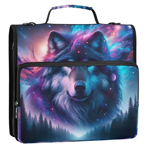 Bunter Weltraumwolf-Druck, 3,8 cm (1 1/2 Zoll), D-Ringbuch, Reißverschluss, Organizer, Mittelschule, Ordnertasche mit Gurt, Portfolio, für 500 Blatt von Joitme