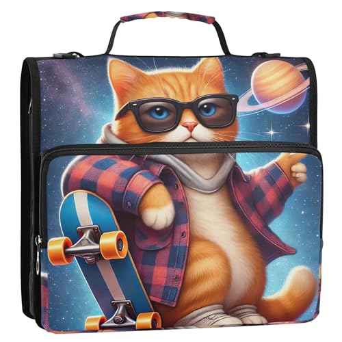 Cool Cat Skateboard-Ordner mit 3 Ringen, 3,8 cm, D-Ring, Reißverschluss, Ordner, Schulbinder, Tasche mit Schultergurt, personalisierbar, mehrere Taschen, große Portfolio-Mappe von Joitme