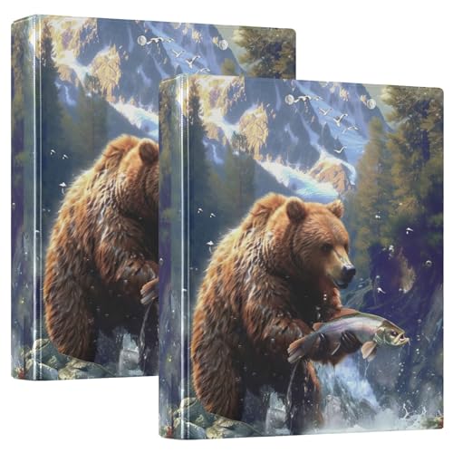 Custom Bear Fish River Print 3-Ringbuch, 3,8 cm, für 200 Blatt, Portfolio-Ring, niedlicher runder Ringbuch, 31,5 x 27 x 6 cm, 2 Stück von Joitme