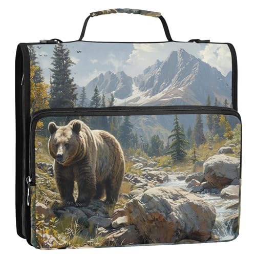 Dokumentenmappe, 3,8 cm, 3-Ring-Ordner, D-Ring, Grizzlybär, Berge, Ordner, Reißverschluss, Organizer, mehrere Taschen, große Portfolio-Mappe, Schulmappe mit Schultergurt Dokumentenmappe, 3,8 cm, 3-Ring-Ordner, D-Ring, Grizzlybär, Berge, Ordner, Reißverschluss, Organizer, mehrere Taschen, große Portfolio-Mappe, Schulmappe mit Schultergurt von Joitme