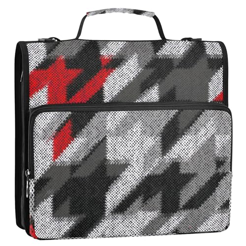 Dokumentenmappe, 3,8 cm, 3 Ringe, Wolle, Hahnentrittmuster, Rot, Anthrazit, Reißverschluss, Organizer, mehrere Taschen, große Portfolio-Ordner, Tasche mit Gurt für die Schule von Joitme