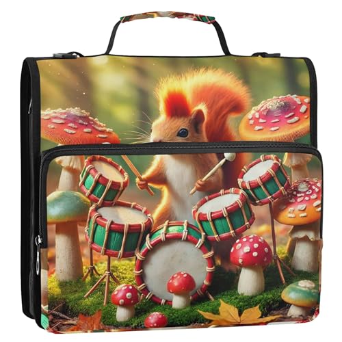 Dokumentenmappe mit 3,8 cm (1 1/2 Zoll), 3 Ringe, niedliches Eichhörnchen, Wald, Pilz, Reißverschluss, Organizer, Aufbewahrung, Portfolio-Ordner mit Griff, Mittelschule mit Gurt von Joitme