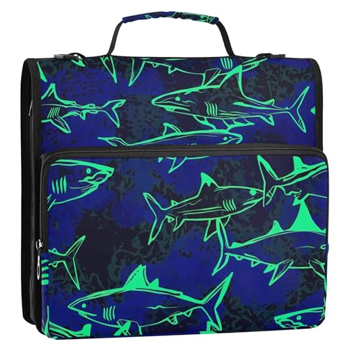 Dokumentenmappe mit 3 Ringen, 3,8 cm, D-Ring, Ozeanhaie, neonblau, mit Reißverschluss, mehrere Taschen, große Portfolio-Mappe, Ordnertasche mit Gurt für die Schule Dokumentenmappe mit 3 Ringen, 3,8 cm, D-Ring, Ozeanhaie, neonblau, mit Reißverschluss, mehrere Taschen, große Portfolio-Mappe, Ordnertasche mit Gurt für die Schule von Joitme