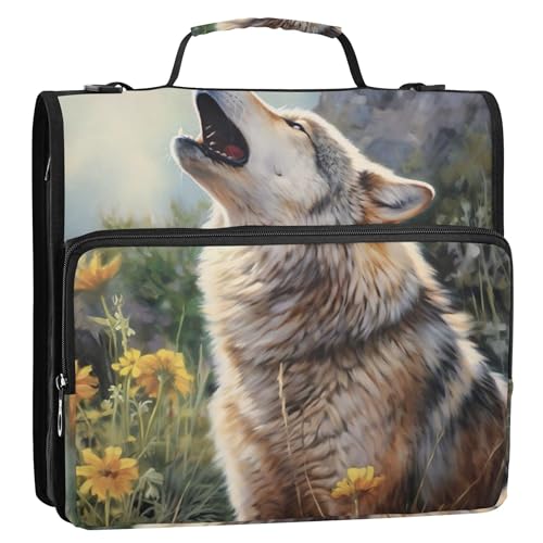Dokumentenmappe mit 3 Ringen, 3,8 cm, D-Ring, heulender Wolf, mit Reißverschluss, Organizer, Aufbewahrung, Portfolio-Ordner mit Griff, Ordner mit Gurt, Mittelschultasche Dokumentenmappe mit 3 Ringen, 3,8 cm, D-Ring, heulender Wolf, mit Reißverschluss, Organizer, Aufbewahrung, Portfolio-Ordner mit Griff, Ordner mit Gurt, Mittelschultasche von Joitme