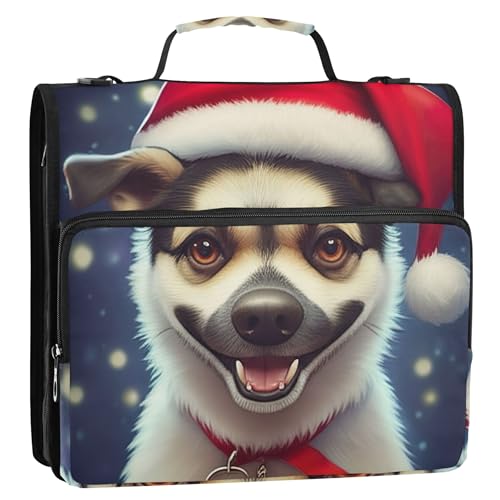 Dokumentenmappe mit Reißverschluss, 3,8 cm, 3 Ringbücher, strapazierfähig, niedlicher Hund, Weihnachtsmannmütze, Aufbewahrungsmappe mit Griff, Ordner mit Gurt, Mittelschultasche von Joitme