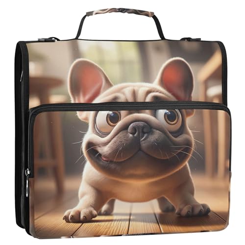 Funny French Bulldog 3-Ringbuch, 3,8 cm, D-Ring, Reißverschluss, Ordner, Tasche mit Gurt für Schule, Aufbewahrung, Portfolio-Ordner mit Griff von Joitme
