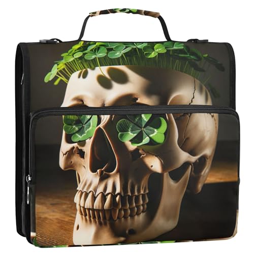 Funny Skull Clovers 3,8 cm 3-Ring-Ordner, robuster Ordner, Reißverschluss, Organizer, Schulmappe mit Schultergurt, mehrere Taschen, große Portfolio-Mappe von Joitme