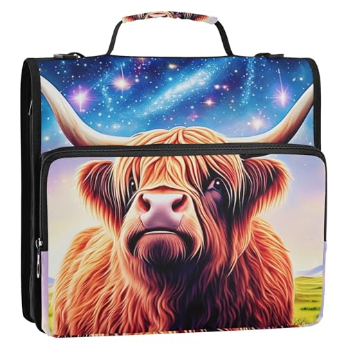 Glitzerndes Highland Cow Bunter Ordner mit Reißverschluss, 3 Ringbücher, 3,8 cm, D-Ring-Schulmappe mit Schultergurt, Aufbewahrungsmappe mit Griff von Joitme