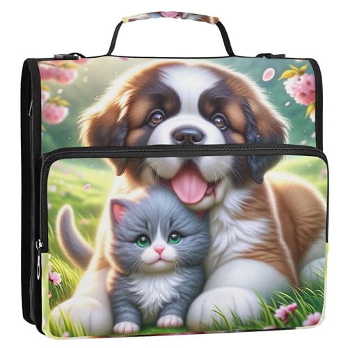 Großer Ordner mit Reißverschluss, 3,8 cm, 3 Ringe, strapazierfähig, niedlich, Hund, Kätzchen, Katze, Blumenmuster, mehrere Taschen, große Portfolio-Mappe, Schulmappe mit Schultergurt von Joitme