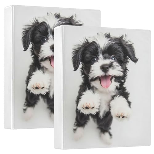 Happy Black White Puppy Art 3,8 cm Ordner mit 3 Ringen für 200 Blatt, niedliches Klemmbrett, runder Ring, Rezeptbuch, 31,5 x 27 x 6 cm, 2 Stück von Joitme