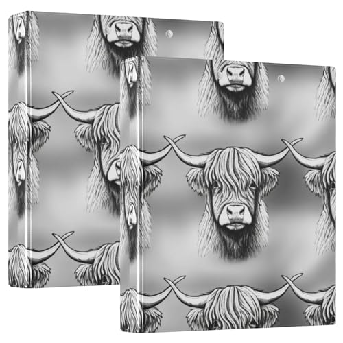 Highland Cows 3,8 cm Ordner, 3 Ringe, 200 Blatt, niedliche 3-Ring-Ordner, runder Ringordner, 31,5 x 27 x 6 cm, 2 Stück von Joitme