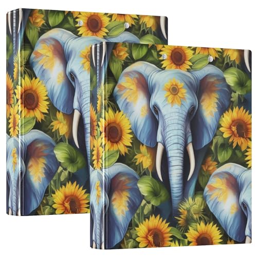 Individuelle lebendige Elefanten-Sonnenblumen-Ordner, 3,8 cm, 3 Ringe, 200 Blatt, Klemmbrett-Binder, niedlicher runder Ring-Büroordner, 31,5 x 27 x 6 cm, 2 Stück von Joitme