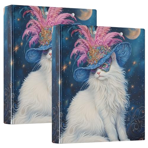 Mystical White Cat Maskerade Moon 3,8 cm Ordner, 3 Ringe für 200 Blatt, niedliches Klemmbrett, runder Ringbuch, 31,5 x 27 x 6 cm, 2 Stück von Joitme