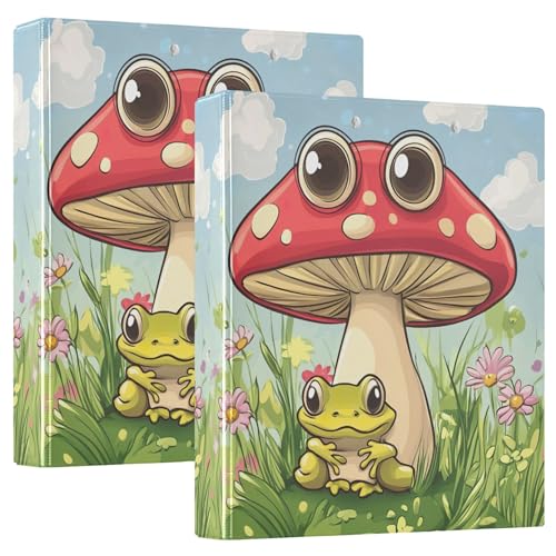 Niedlicher Cartoon-Frosch-Pilz-Ordner mit 3 Ringen, 3,8 cm, für 200 Blatt, vielseitige 3-Ring-Ordner, runder Ringbuch, 31,5 x 27 x 6 cm, 2 Stück von Joitme