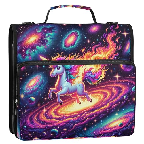 Niedlicher Einhorn-Feuerraum-Galaxie-Reißverschluss, 3,8 cm, 3-Ringbinder, robuste Schulmappe mit Schultergurt, mehrere Taschen, große Portfolio-Mappe von Joitme
