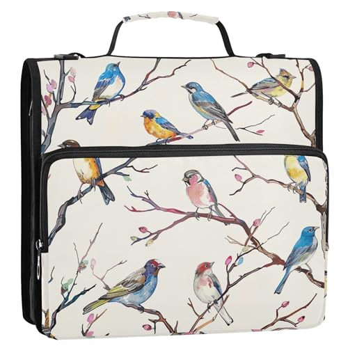Ordner-Organizer mit Reißverschluss, bunte Vögel, sitzender Baum, 3,8 cm, 3 Ringe, personalisierte Schulmappe mit Schultergurt, Aufbewahrungsmappe mit Griff von Joitme