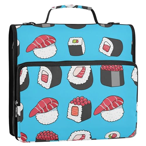 Ordner mit 3,8 cm (1 1/2 Zoll), 3 Ringe, Sushi, Blau, Lachs, Lebensmitteldruck, Reißverschluss, Organizer, Schulmappe mit Schultergurt, bunte Aufbewahrungsmappe mit Griff von Joitme