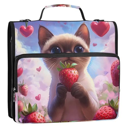 Ordner mit 3 Ringen, Motiv: siamesische Katze, Erdbeere, 3,8 cm, D-Ring-Reißverschluss, Ordner, Tasche mit Gurt für Schule, mehrere Taschen, große Portfolio-Mappe Ordner mit 3 Ringen, Motiv: siamesische Katze, Erdbeere, 3,8 cm, D-Ring-Reißverschluss, Ordner, Tasche mit Gurt für Schule, mehrere Taschen, große Portfolio-Mappe von Joitme
