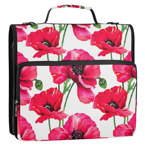 Ordner mit 3 Ringen und Reißverschluss, mit Riemen, mittlere Schultasche, personalisierbar, mehrere Taschen, große Portfolio-Mappe mit rotem Mohnblumen-Design, 3,8 cm von Joitme