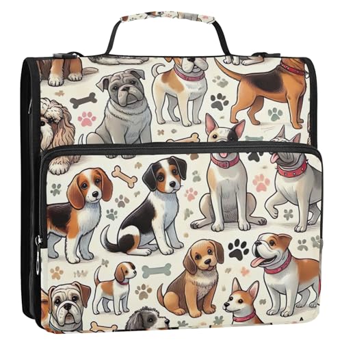Ordner mit Blumenmuster, 3,8 cm, 3 Ringe, strapazierfähig, niedlicher Hund, Familie, Braun, Aufbewahrungsmappe mit Griff, Mittelschule mit Gurt von Joitme