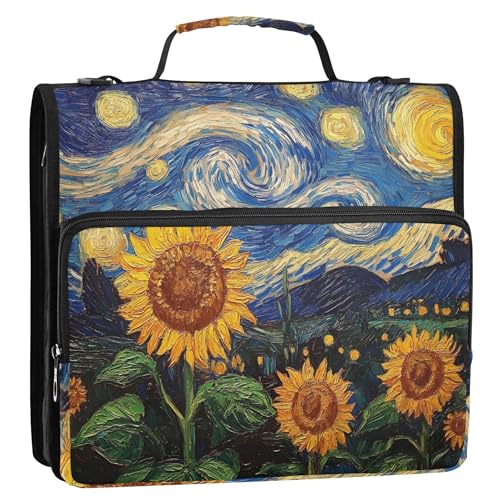 Ordner mit Reißverschluss, Sonnenblumen, Sternennacht, 3,8 cm, 3 Ringe, Dokumentenmappe mit Gurt, Mittelschultasche, Aufbewahrung, Portfolio-Etui mit Griff Ordner mit Reißverschluss, Sonnenblumen, Sternennacht, 3,8 cm, 3 Ringe, Dokumentenmappe mit Gurt, Mittelschultasche, Aufbewahrung, Portfolio-Etui mit Griff von Joitme
