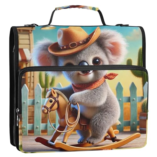 Ordner mit Reißverschluss, Western-Koala-Kaktus-Ranch, 3,8 cm, 3-Ring-Ordner, robuster Ordner mit Schultergurt, für Schule, mehrere Taschen, große Portfolio-Mappe von Joitme