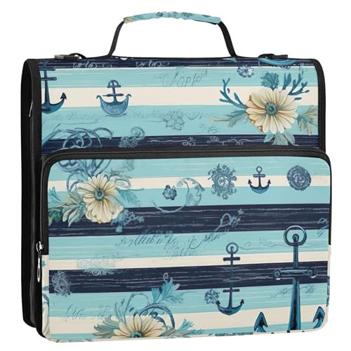 Ordner mit Reißverschluss, nautisches Blumenmuster, Blau, 3,8 cm, 3 Ringe, strapazierfähig, individueller Ordner mit Schultergurt, für Schule, mehrere Taschen, große Portfolio-Mappe Ordner mit Reißverschluss, nautisches Blumenmuster, Blau, 3,8 cm, 3 Ringe, strapazierfähig, individueller Ordner mit Schultergurt, für Schule, mehrere Taschen, große Portfolio-Mappe von Joitme