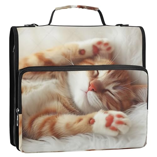 Ordner mit Reißverschluss, niedlicher Katzen-Druck, 3,8 cm, 3-Ringordner, robuste Dokumentenmappe mit Gurt, mittlere Schultasche, mehrere Taschen, große Portfolio-Mappe von Joitme