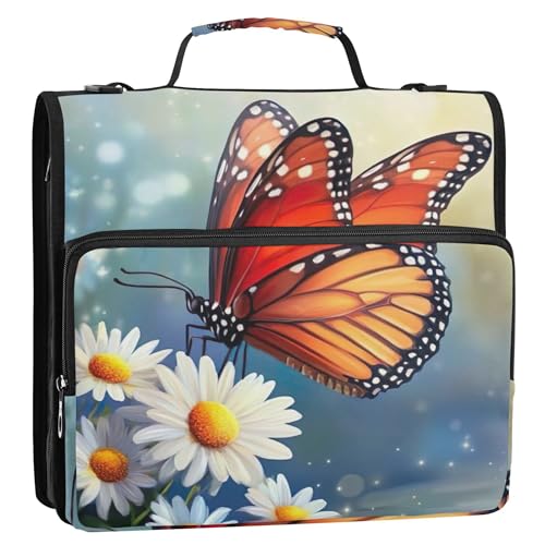 Ordner mit Schmetterlings-Gänseblümchen, Federdruck, 3,8 cm, 3 Ringe, Reißverschluss, Organizer mit Schultergurt, für Schule, mehrere Taschen, große Portfolio-Mappe Ordner mit Schmetterlings-Gänseblümchen, Federdruck, 3,8 cm, 3 Ringe, Reißverschluss, Organizer mit Schultergurt, für Schule, mehrere Taschen, große Portfolio-Mappe von Joitme