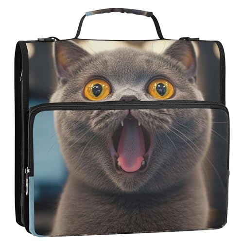 Ordnermappe mit süßer überraschter grauer Katze, 3,8 cm, 3 Ringe, robuster Reißverschluss, Ordnertasche mit Gurt für Schule, Dokumentenmappe und Etui, Ringordnerhalter von Joitme