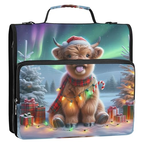 Organizer mit Reißverschluss, Motiv: Hochlandrind mit Weihnachtsrindern, 3,8 cm, 3 Ringbücher, strapazierfähig, große Schulmappe mit Schultergurt, Portfolio und Etui, Ringordnerhalter Organizer mit Reißverschluss, Motiv: Hochlandrind mit Weihnachtsrindern, 3,8 cm, 3 Ringbücher, strapazierfähig, große Schulmappe mit Schultergurt, Portfolio und Etui, Ringordnerhalter von Joitme