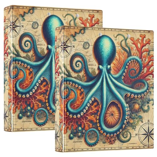 Retro-Oktopus-Kompass-Ordner mit drei Ringen, 3,8 cm, für 200 Blatt, gemustertes Klemmbrett, runder Ring, Spielrechnungsbuch, 31,5 x 27 x 6 cm, 1 Stück Retro-Oktopus-Kompass-Ordner mit drei Ringen, 3,8 cm, für 200 Blatt, gemustertes Klemmbrett, runder Ring, Spielrechnungsbuch, 31,5 x 27 x 6 cm, 1 Stück von Joitme