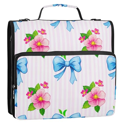Ringordner mit D-Ring-Reißverschluss, 3,8 cm, Blau / Rosa mit Blumen und Blättern, gestreift, 3,8 cm, Organizer für die Mittelschule, mit Gurt, Cartoon-Aufbewahrung, Portfolio-Ordner mit Griff Ringordner mit D-Ring-Reißverschluss, 3,8 cm, Blau / Rosa mit Blumen und Blättern, gestreift, 3,8 cm, Organizer für die Mittelschule, mit Gurt, Cartoon-Aufbewahrung, Portfolio-Ordner mit Griff von Joitme