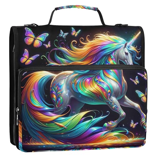 Schillerndes Einhorn-Pferd-Ordner-Organizer mit Reißverschluss, 3,8 cm, 3-Ringbinder, robuste Schulmappe mit Schultergurt, Aufbewahrungsmappe mit Griff von Joitme