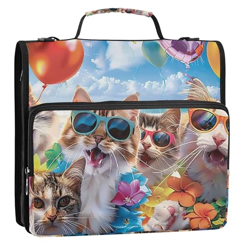 Schüler-Ordner, 3,8 cm, 3 Ringe, strapazierfähig, lächelnde Katzen, Strand, lustiger Ordner, Reißverschluss, Organizer, mehrere Taschen, große Portfolio-Mappe, Schulbinder, Tasche mit Schultergurt von Joitme