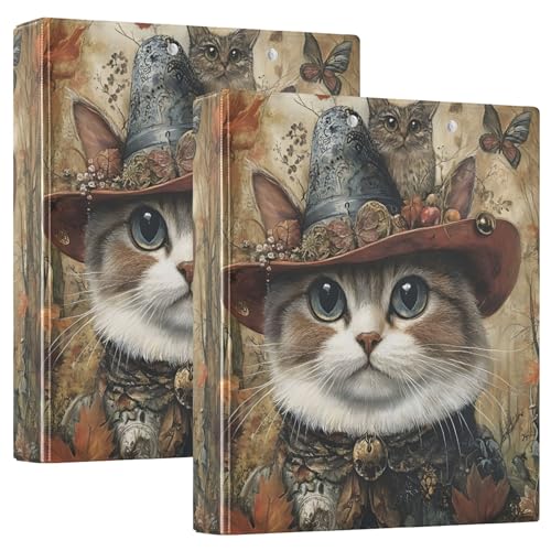 Skurrile Herbst-Katzenhut-Ordner mit 3 Ringen, für 200 Blatt, niedliches Klemmbrett, runder Ringbuch, 31,5 x 27 x 6 cm, Braun, 2 Stück von Joitme