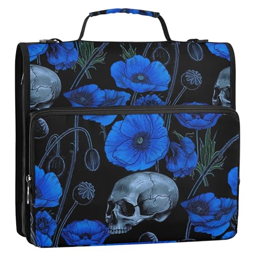 Strapazierfähige 3,8 cm große Ordner mit 3 Ringen, strapazierfähig, blaue Mohnblumen, Totenkopf, schwarzer Reißverschluss, Organizer, Aufbewahrungsmappe mit Griff, Mittelschule mit Gurt von Joitme