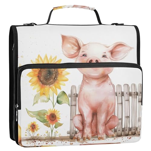 Süßes Happy Pig Ordner mit Reißverschluss, 3,8 cm, 3 Ringbücher, robuste Schulmappe mit Schultergurt, mehrere Taschen, große Portfolio-Mappe von Joitme