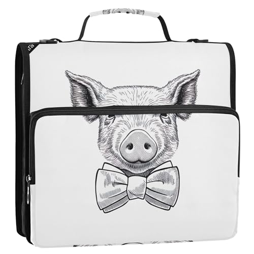 Süßes Schwein schwarz-weißes Ordner-Organizer mit Reißverschluss, 3,8 cm, 3-Ring-Ordner, D-Ringhalter, Tasche mit Gurt, für Schule, mehrere Taschen, große Portfolio-Mappe von Joitme