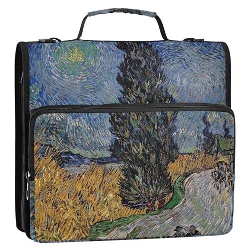 Van Gogh Road Cypress Star 3-Ringbuch, 3,8 cm, D-Ring-Reißverschluss, Ordner, Organizer, Mittelschule, Tasche mit Gurt, Dokumentenmappe und Etui, Ringordnerhalter Van Gogh Road Cypress Star 3-Ringbuch, 3,8 cm, D-Ring-Reißverschluss, Ordner, Organizer, Mittelschule, Tasche mit Gurt, Dokumentenmappe und Etui, Ringordnerhalter von Joitme