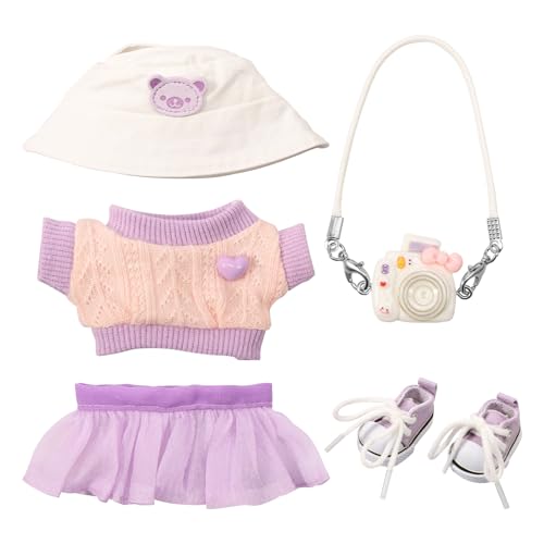 Puppenkleidung für Puppe 17cm, Kuscheltier Kleidung Outfit mit Hut Pullover Rock Kameramodell (Keine echte Kamera) Schuhe, Bekleidung für Puppen 17cm Bekleidung Puppen Fürs Vinyl Plush Toy(Violett) von Jokapy