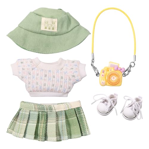Puppenkleidung für Puppe 17cm, Kuscheltier Kleidung Outfit mit Hut Pullover Rock Kameramodell (Keine echte Kamera) Schuhe, Bekleidung für Puppen 17cm Bekleidung Puppen Fürs Vinyl Plush Toy(Grün) von Jokapy