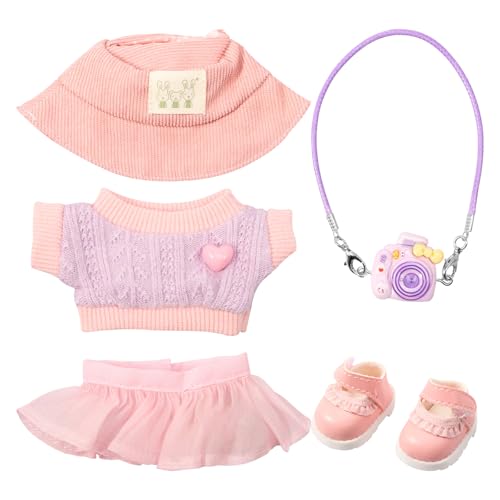 Puppenkleidung für Puppe 17cm, Kuscheltier Kleidung Outfit mit Hut Pullover Rock Kameramodell (Keine echte Kamera) Schuhe, Bekleidung für Puppen 17cm Bekleidung Puppen Fürs Vinyl Plush Toy(Rosa) von Jokapy