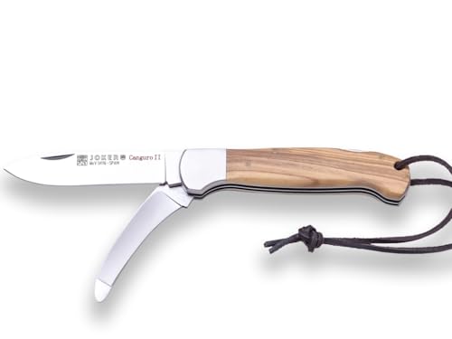Joker CANGURO II Klappmesser 8,5 cm – Multifunktionsmesser aus rostfreiem MOVA-Stahl (1.4116) mit Skinner-Klinge – Griff aus Hirschhorn & Olivenholz – Lederband – 155 g (Olivenholz) von Joker